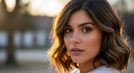 Fototapeta premium Portrait of a Confident Young Woman A Close Up Shot Highlighting Her Natural Beauty and Warm Gaze Against a Softly Blurred Outdoor Background in Golden Hour