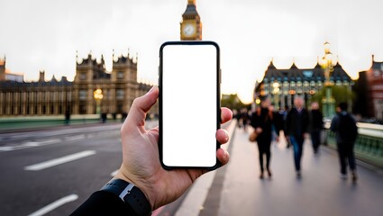 First-person perspective of a hand holding a smartphone vertically on a London walkway, glowing white blank screen in sharp focus, blurred background showing Big Ben clock tower and pedestrians, rule 