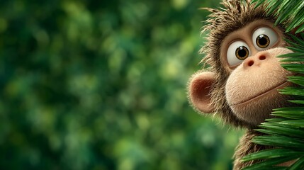 Fototapeta premium Cute Cartoon Monkey 3D Render, Jungle Background, Adorable Primate, Green Leaves