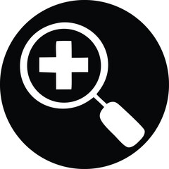 Magnifying glass zoom icon with medical cross symbol inside for healthcare and medicine technology services