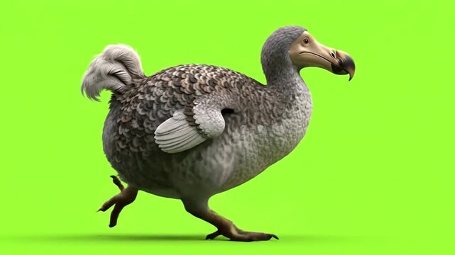 A dodo bird runs on a bright green screen background with its wings tucked in.