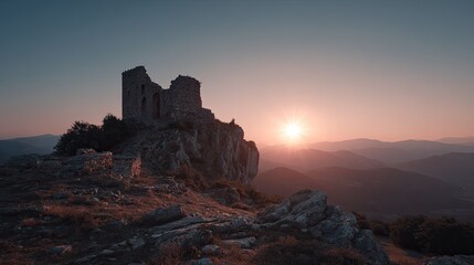 Fototapeta premium Ruined tower atop a mountain at sunset