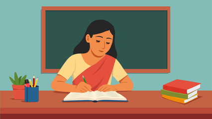 A teacher checking a notebook in a class room illustration