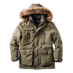 Warm olive green parka jacket with fur trimmed hood