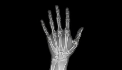 black-and-white X-ray photograph of a human hand. The image is clean and sharp, with a focus on the intricate bones and joints. The background is a stark black. striking blend of science, humanity