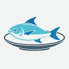 Illustration of a blue fish on a plate, stylized design.