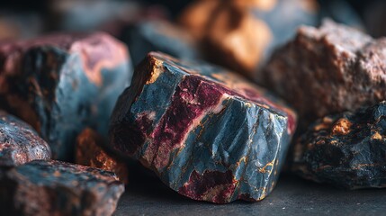 Close-up of Red and Black Jasper Stones, Natural Mineral Texture, Dark Background