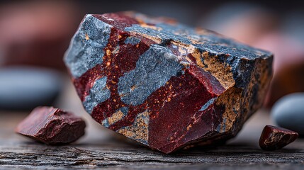 Red Jasper Stone Close-up: Raw Mineral Specimen on Wood Background