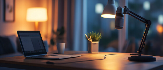 Cozy Home Office Setup with Laptop Microphone and Warm Lighting