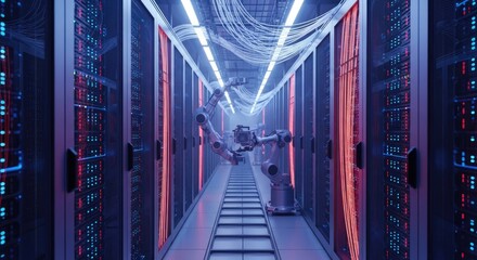 Futuristic Data Center with Robotic Arm, Neon Lights, Server Racks, and Technology.