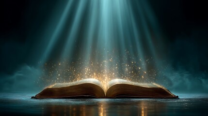 Open Ancient Book with Magic Glowing Light, 3D Render Illustration