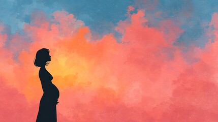 Pregnant Woman Silhouette, Pink and Blue Watercolor Sky, Digital Painting