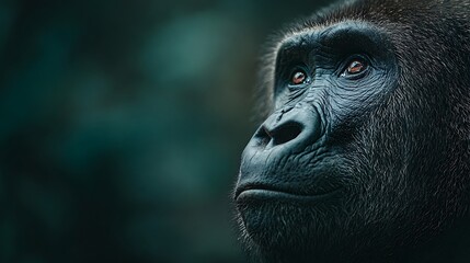 Obraz premium Close-up Portrait of a Gorilla, Dark Fur, Intense Gaze, Teal Background, Wildlife Photography