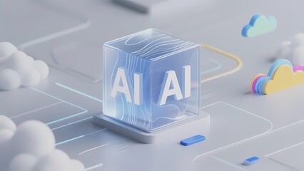 Fototapeta premium Transparent cube with AI text, surrounded by clouds and digital lines on a futuristic surface