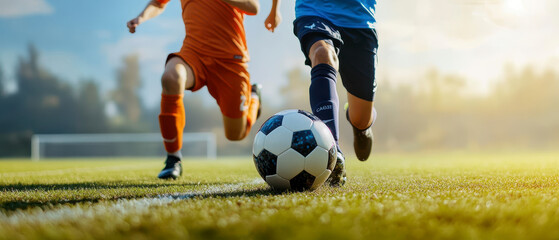 Young athletes compete in a vibrant soccer match on a sunny field