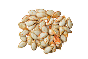 Small, white pumpkin seeds lie in a pile on a PNG background.