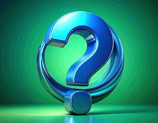 3D question mark in vibrant blue, surrounded by a swirling green background