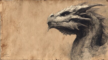 Majestic Dragon Head Sketch: Detailed Pencil Drawing on Aged Paper
