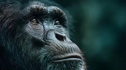 Close-up Portrait of a Chimpanzee, Dark Fur, Pensive Expression, Wildlife Photography