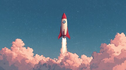 Retro Rocket Launching Through Pink Clouds, Starry Night Sky, Vector Illustration