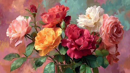 Vibrant Roses Bouquet, Romantic Floral Illustration, Colorful Flowers in Glass Vase, Artistic Painting Style