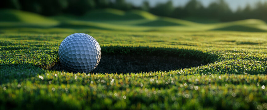 Golf ball rests precariously on the edge of a sand trap on a lush green course