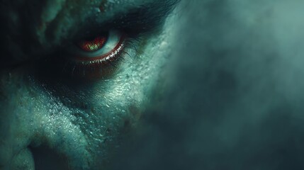 Close-up Glowing Red Eye Evil Monster, Dark Green Smoke Background, Horror Illustration