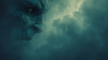 Dark Green Monster Face, Fantasy Creature Profile, Dramatic Stormy Sky Background, Digital Illustration