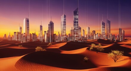 Futuristic Desert Metropolis at Sunset: Glowing Towers, Golden Dunes, and Vibrant Sky