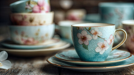 Vintage porcelain teacups displaying delicate floral patterns resting on weathered wooden surface, showcasing nostalgic elegance with soft, refined aesthetic