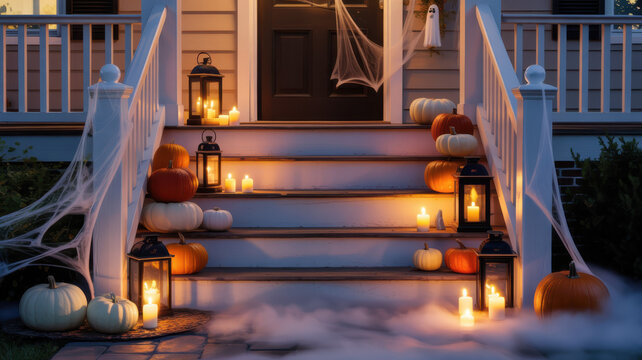Front porch at dusk with pumpkins, lanterns, cobwebs, and ghost decoration