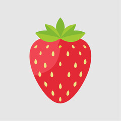 Fototapeta premium A vibrant, stylized illustration of a single ripe strawberry with green leaves and yellow seeds against a plain gray background.