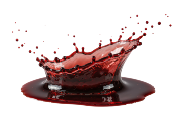 A dynamic splash of glossy dark cherry reduction sauce, deep crimson with luminous sheen, frozen mid-air, radiating droplets, macro photography on transparent, liquid dynamics concept