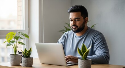 A focused young man with a beard sits at a wooden desk with houseplants, typing on a laptop. The image captures the modern concept of remote work and comfortable home office.