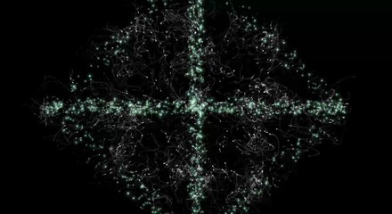 abstract, digital illustration featuring glowing, shining, and transparent green cell-like elements scattered against a dark background, forming a cross-like or radiating pattern. - Powered by Adobe