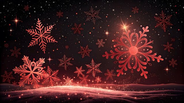 Magical red snowflakes falling on a snowy landscape at night