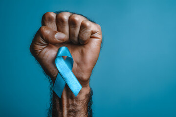 Fototapeta premium First person top view photo of raised male hand with clenched fist mustache silhouette and blue ribbon on wrist symbol of prostate cancer awareness on isolated pastel blue background