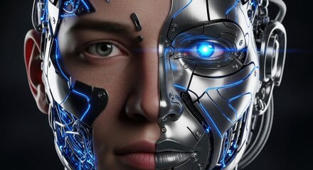 Futuristic Humanoid Face Split: Organic Skin Meets Gleaming Cybernetic Prosthetics with Blue Neon Illumination