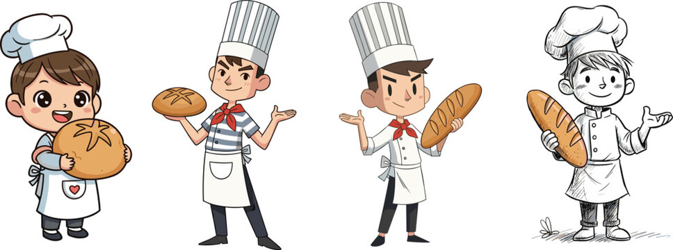 Cartoon bakers holding bread, cute chef illustration, bakery character art, traditional loaf drawing, cooking vector style, food artwork, pastry design
