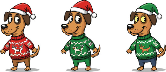 Cartoon dogs in Christmas sweaters, festive pets with Santa hats, cute holiday puppy illustration, winter celebration animals, Christmas party, joyful pet art