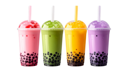 Colorful Bubble Tea Cups with Tapioca Pearls, Refreshing Drink Collection, Transparent PNG