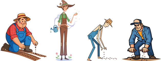 Cartoon farmers planting seeds illustration, agriculture workers seeding soil, farming characters sowing crops, rural lifestyle, agricultural work, farmland cultivation