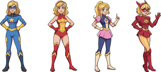 Cartoon female superheroes in colorful costumes, strong confident women characters, comic book style illustration, fantasy heroine art, animation design