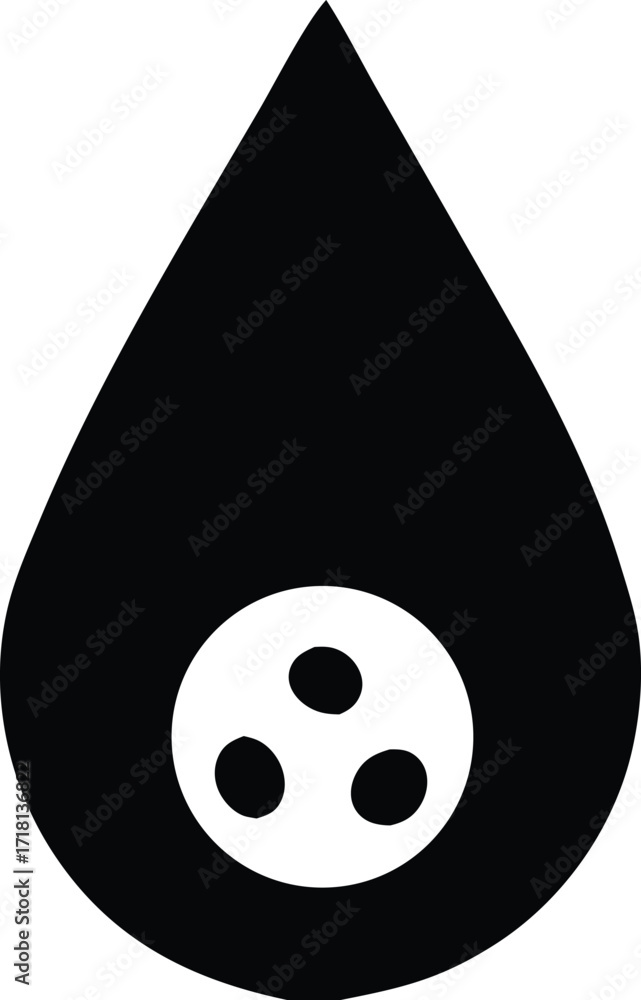 Poster black liquid drop symbol with three white dots inside a circle for conceptual graphic design element