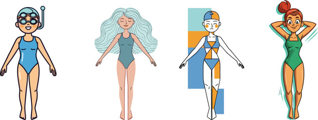 Cartoon girls in swimsuits, female swimmers character design, underwater sport, aquatic lifestyle illustration, swimming pool activity, vector artwork, fitness concept