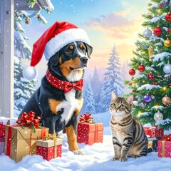 Christmas scene with dog and cat