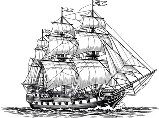 Vintage sailing ship with detailed sails and rigging, antique nautical engraving style illustration of old maritime vessel on the sea © Frd Art