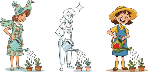 Cartoon women watering plants, happy girl gardening, eco lifestyle, flower pot care, environmental illustration, green nature growth, watering can drawing