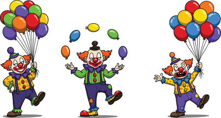Colorful cartoon clowns holding balloons, juggling with vibrant balloons, playful clowns in festive outfits celebrating with fun