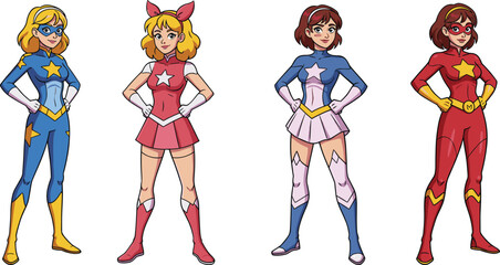 Colorful female superheroes in cartoon style, standing confidently in dynamic poses, wearing star-themed costumes, masks, and boots, isolated vector illustration. © Creatives Art